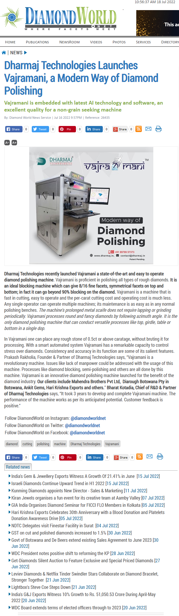 Dharmaj Technologies Launches Vajramani, a Modern Way of Diamond Polishing